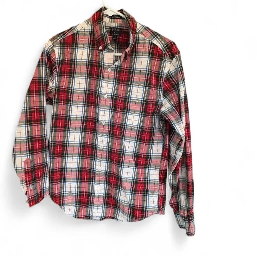 J.Crew Red White Plaid Slim Untucked Flex Washed Button Down Shirt Sz Small